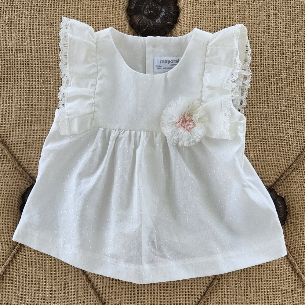 Mayoral White and Pink Bib with Floral Accent